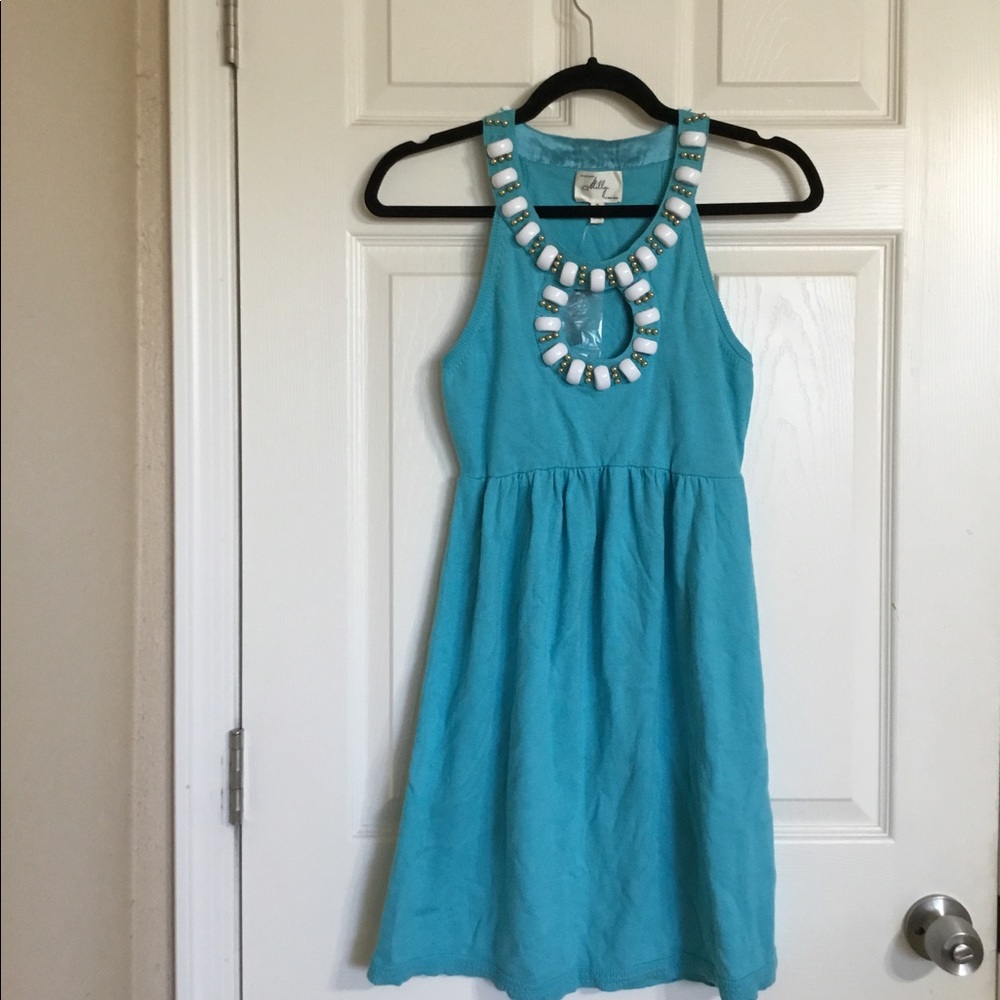 Milly Blue Turquoise Halter Dress embellished white stones size Petite NWT